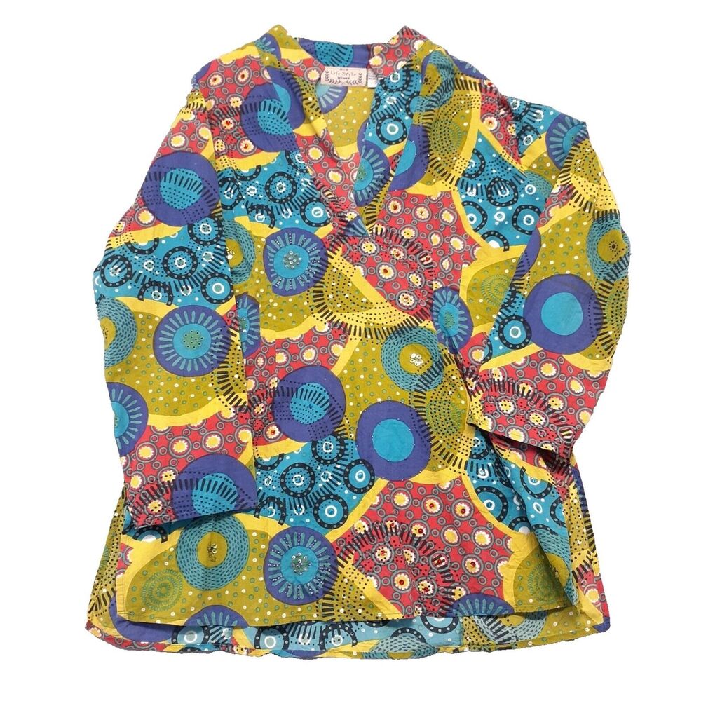 Lifestyle Woman Sz 3X V-Neck Colorful Mixed Floral Beaded Cotton Tunic Blouse